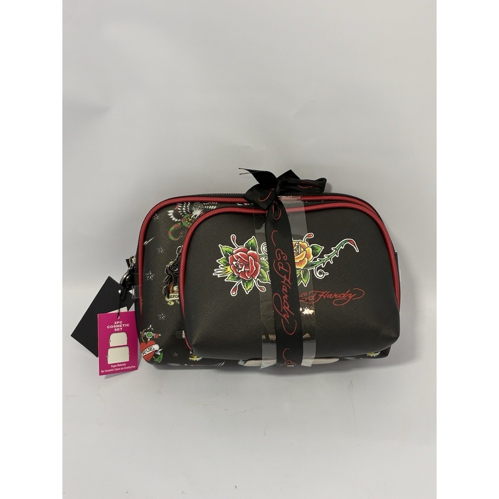Ed Hardy 2 Pc Cosmetic Makeup Bag Set Black Tattoo Print Roses NWT Vegan